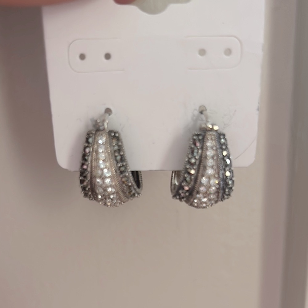 Sterling Marcasite Silver and Black Crystal Earrings